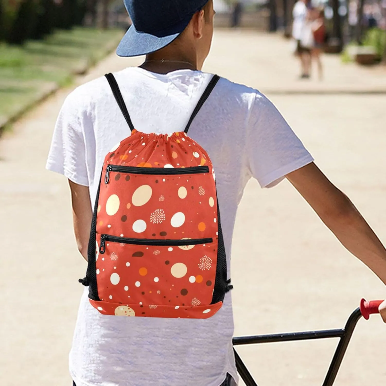 FRODOTGV White Polka Dot Red Background Chestnut Sport String Bag Water Resistant Party Women Men Adults Swim Bags With Zipper Pockets for Hiking