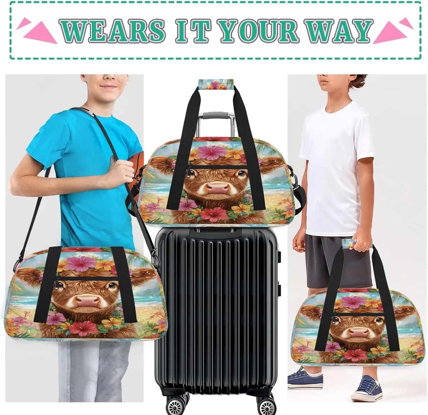 Funny Highland Cow Sports Duffle Gym Bags for Men or Women, Rustic Farmhouse Bull Animal Lightweight Carry On Overnight Weekender Bag for Travel Workout