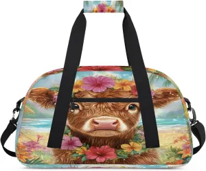 Funny Highland Cow Sports Duffle Gym Bags for Men or Women, Rustic Farmhouse Bull Animal Lightweight Carry On Overnight Weekender Bag for Travel Workout