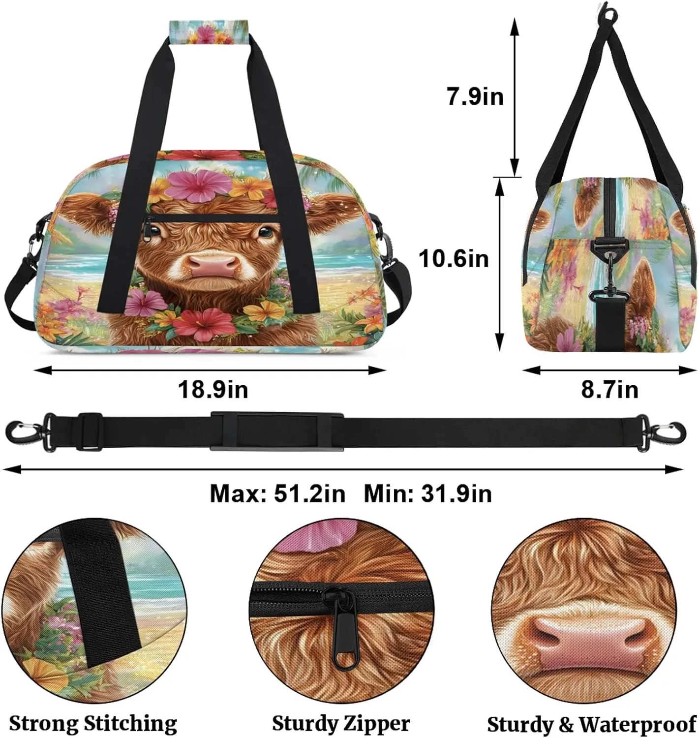 Funny Highland Cow Sports Duffle Gym Bags for Men or Women, Rustic Farmhouse Bull Animal Lightweight Carry On Overnight Weekender Bag for Travel Workout