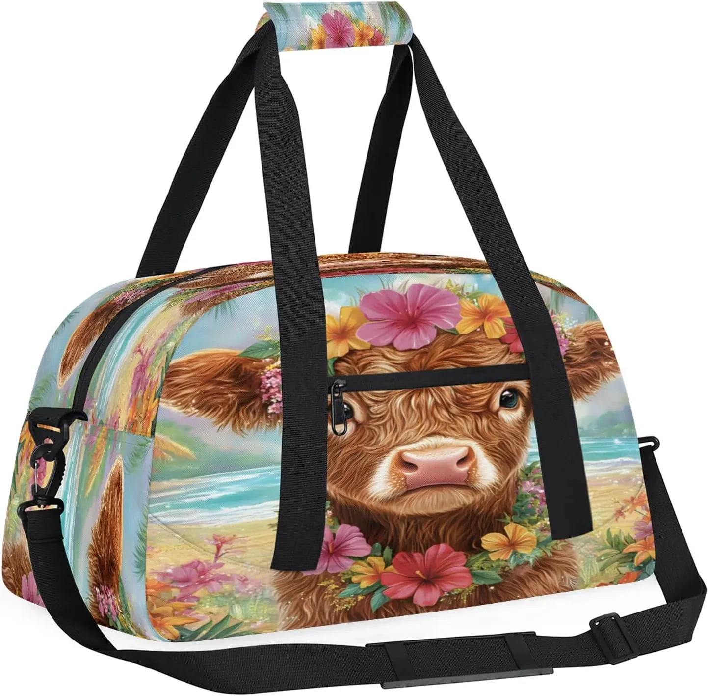 Funny Highland Cow Sports Duffle Gym Bags for Men or Women, Rustic Farmhouse Bull Animal Lightweight Carry On Overnight Weekender Bag for Travel Workout