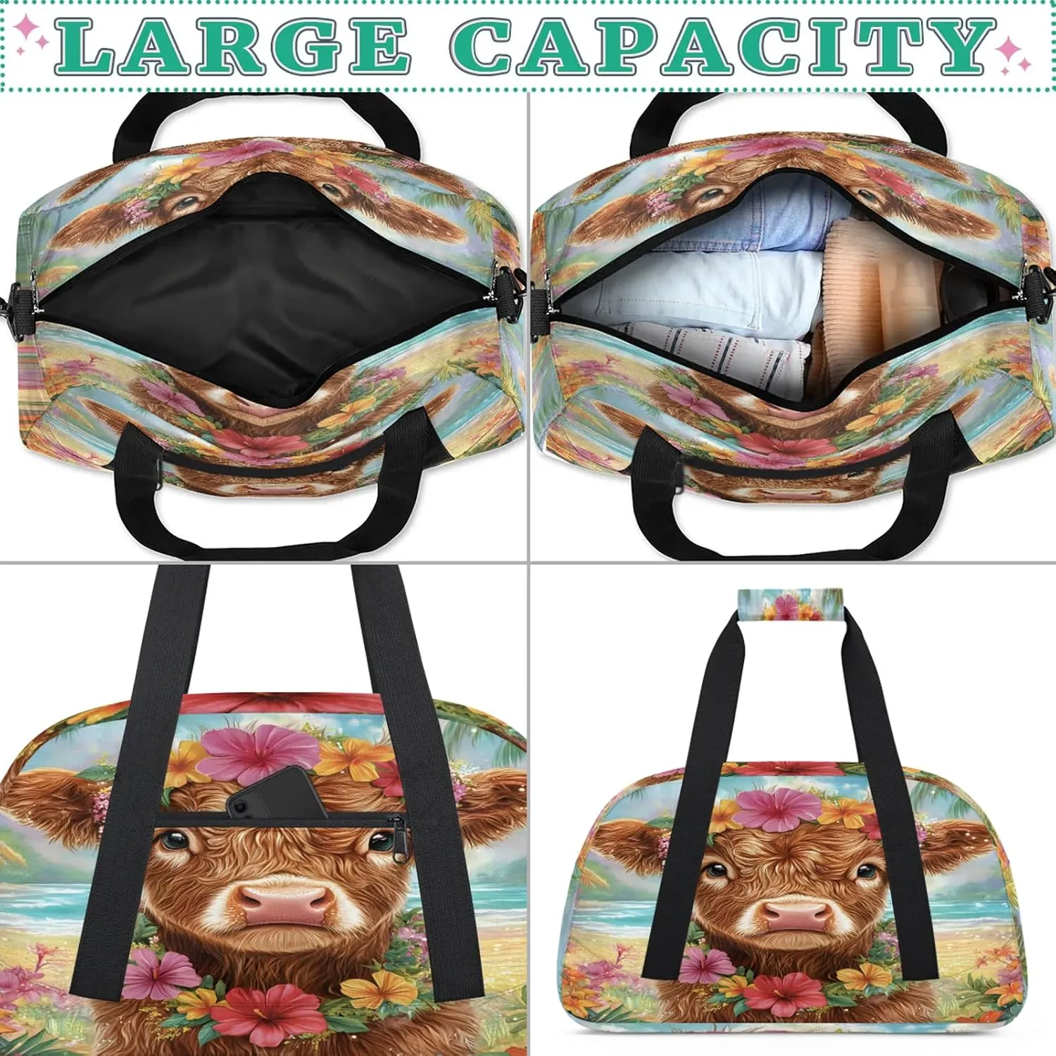 Funny Highland Cow Sports Duffle Gym Bags for Men or Women, Rustic Farmhouse Bull Animal Lightweight Carry On Overnight Weekender Bag for Travel Workout