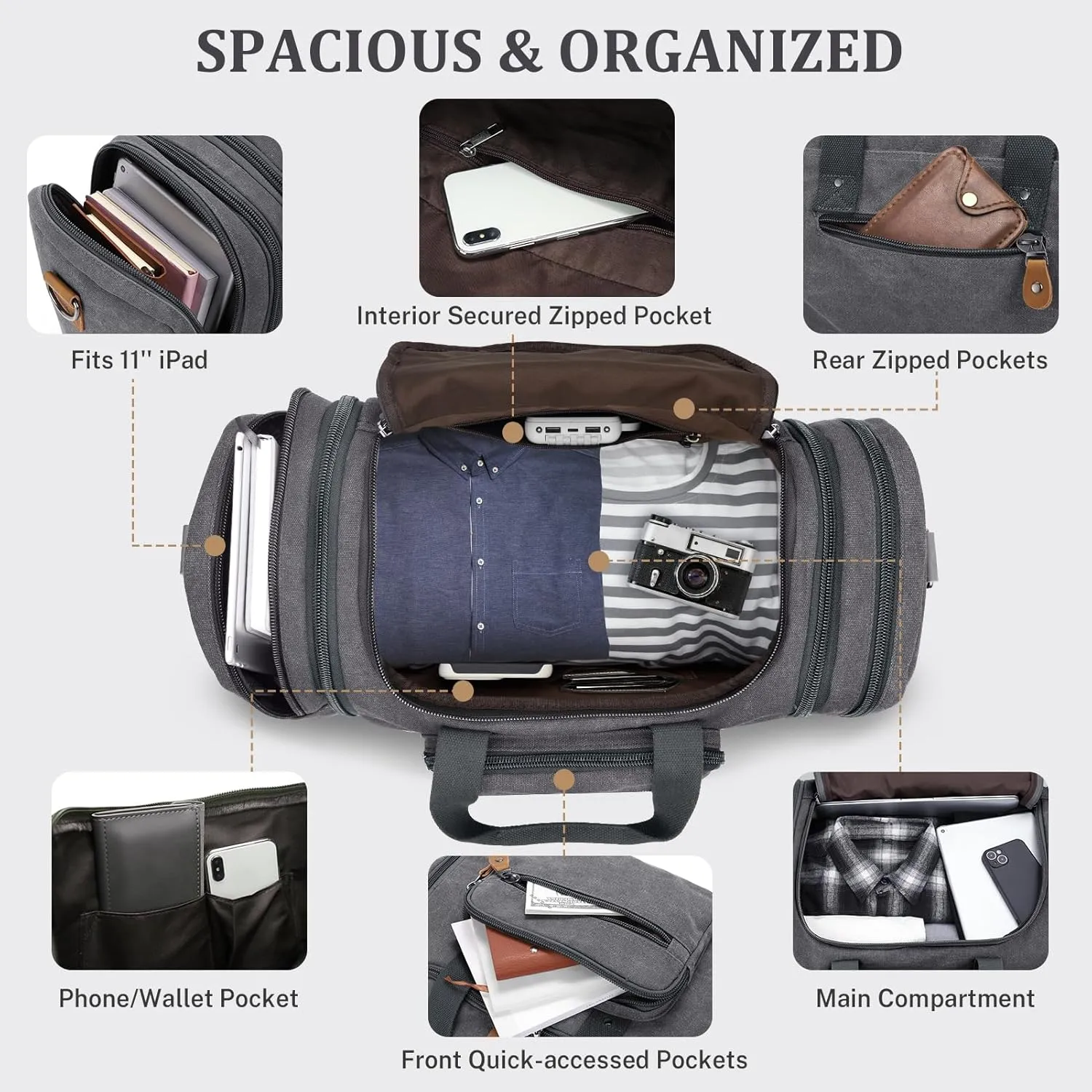 Gonex Canvas Duffle Bag for Travel 50L Expandable Duffel Weekend Overnight Bag men (Gray)
