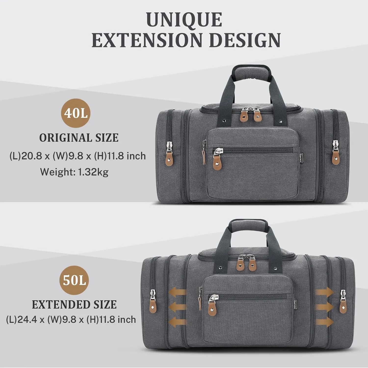 Gonex Canvas Duffle Bag for Travel 50L Expandable Duffel Weekend Overnight Bag men (Gray)