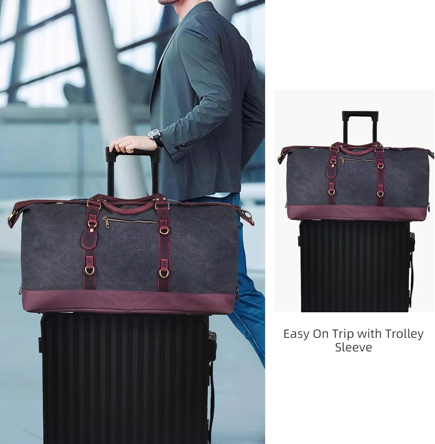 Green Canvas & Genuine Leather Duffle Bag for Men, Mens Travel Bag, Vintage Carry On Bag, Luggage Bag