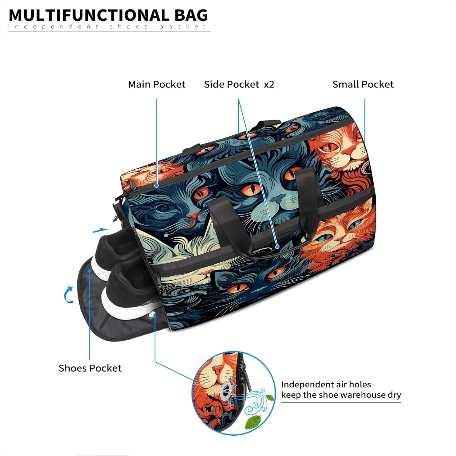 Gym Bag for Women, Carry on Weekender Overnight Bag, Travel Duffel Bags, Personal Item Travel Bag Tote Bag Workout Dance Bag, Cat - 2