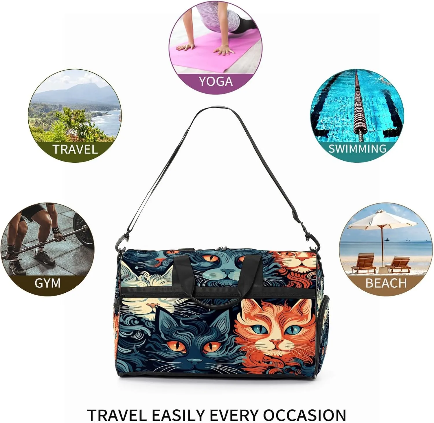 Gym Bag for Women, Carry on Weekender Overnight Bag, Travel Duffel Bags, Personal Item Travel Bag Tote Bag Workout Dance Bag, Cat - 2