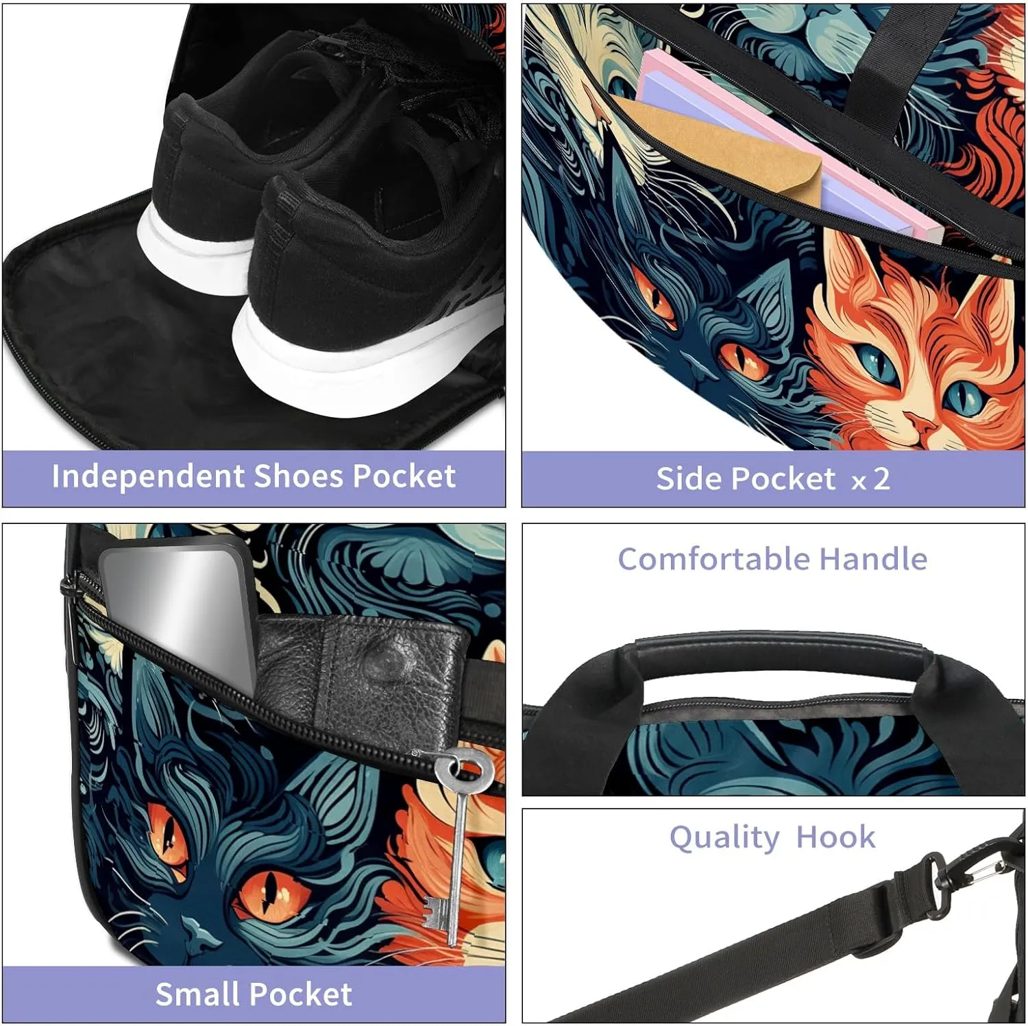 Gym Bag for Women, Carry on Weekender Overnight Bag, Travel Duffel Bags, Personal Item Travel Bag Tote Bag Workout Dance Bag, Cat - 2