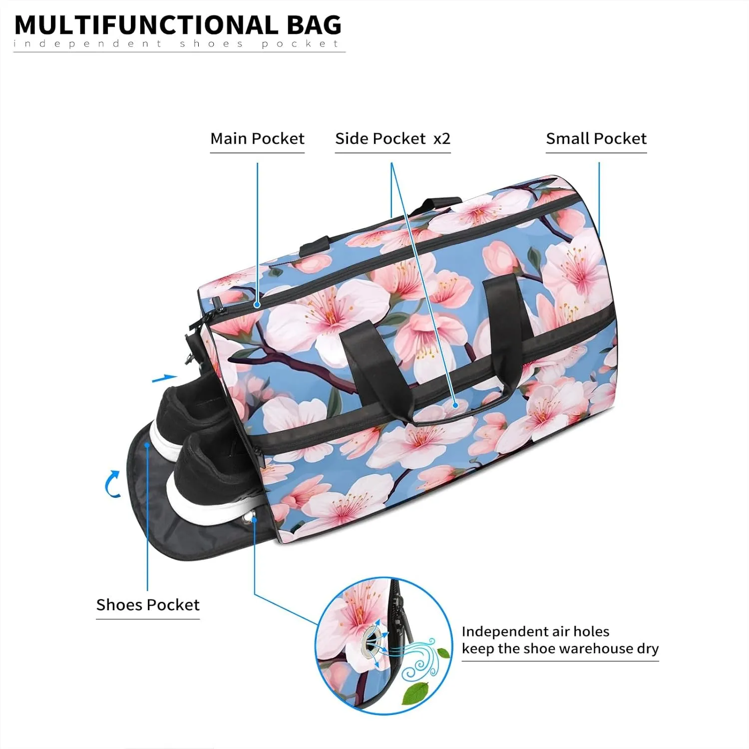 Gym Bag for Women Men, Yoga Bag with Shoe Pocket, Travel Duffel Tote Bag for Plane, Workout, Swimming, Weekend Overnight Bag Carry on Bag Hospital Holdalls, Love Peach Blossom - 3