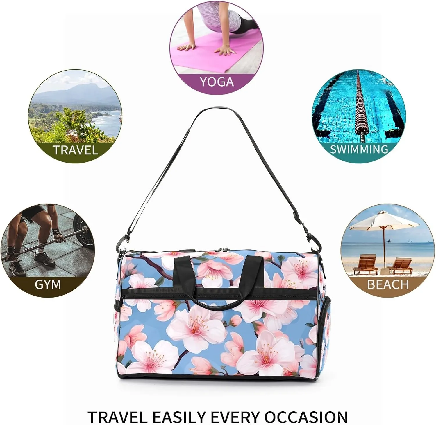 Gym Bag for Women Men, Yoga Bag with Shoe Pocket, Travel Duffel Tote Bag for Plane, Workout, Swimming, Weekend Overnight Bag Carry on Bag Hospital Holdalls, Love Peach Blossom - 3