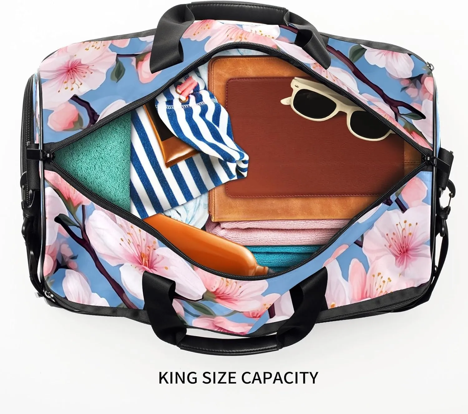 Gym Bag for Women Men, Yoga Bag with Shoe Pocket, Travel Duffel Tote Bag for Plane, Workout, Swimming, Weekend Overnight Bag Carry on Bag Hospital Holdalls, Love Peach Blossom - 3