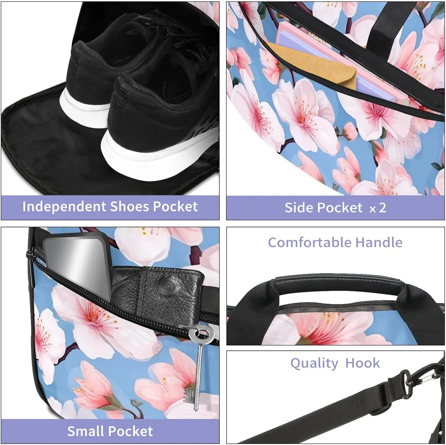 Gym Bag for Women Men, Yoga Bag with Shoe Pocket, Travel Duffel Tote Bag for Plane, Workout, Swimming, Weekend Overnight Bag Carry on Bag Hospital Holdalls, Love Peach Blossom - 3