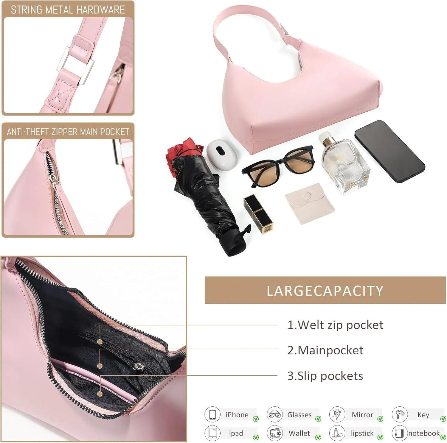 Hobo Shoulder Bag for Women Trendy Lightweight Soft Foldable Leather Hobo Tote Handbag with Coin Purse for Women