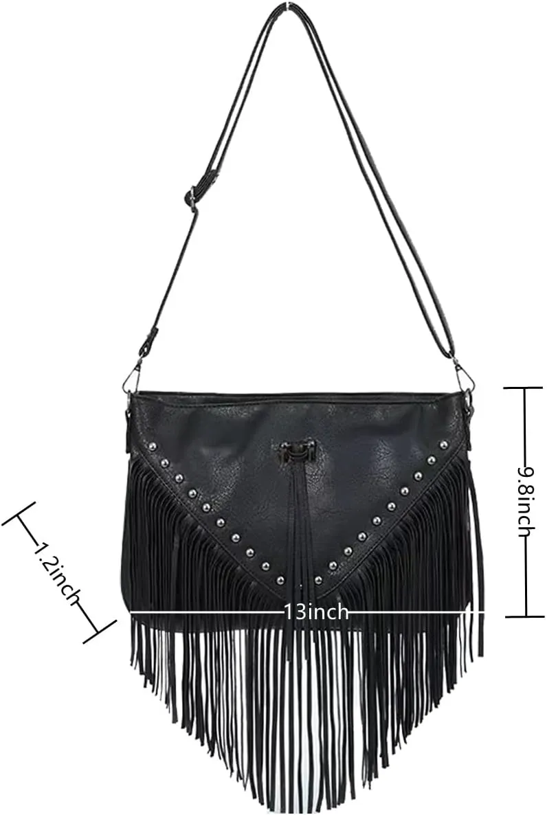 IAMUHI Casual Rivets Fringed Shoulder Handbag for Women,Soft Vegan Leather Hippie Crossbody Purse Bag Hobo Bag
