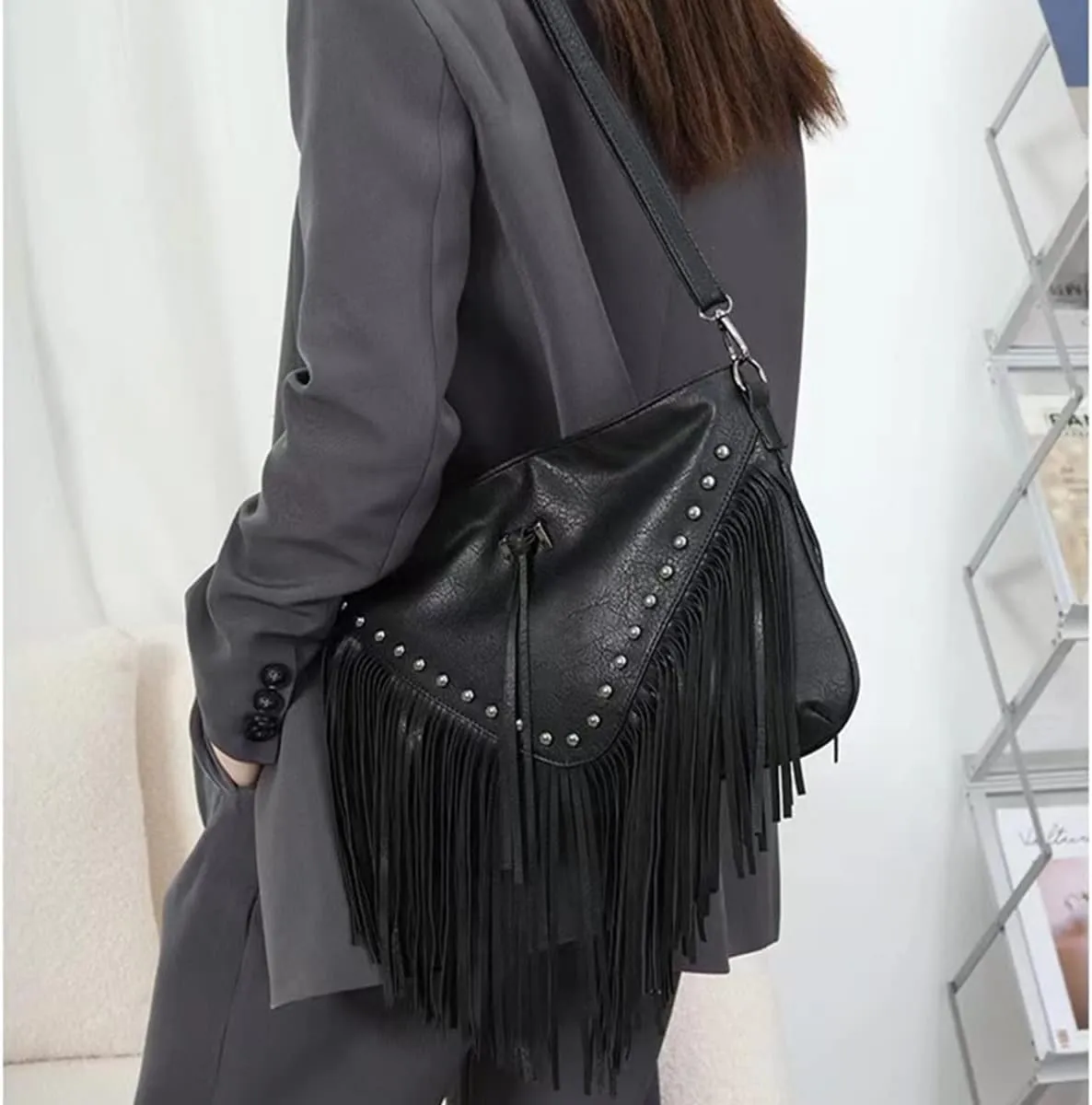 IAMUHI Casual Rivets Fringed Shoulder Handbag for Women,Soft Vegan Leather Hippie Crossbody Purse Bag Hobo Bag