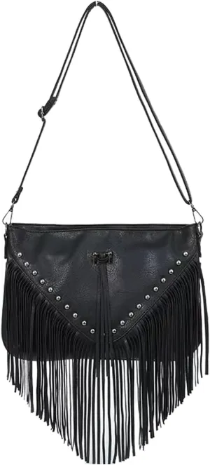 IAMUHI Casual Rivets Fringed Shoulder Handbag for Women,Soft Vegan Leather Hippie Crossbody Purse Bag Hobo Bag
