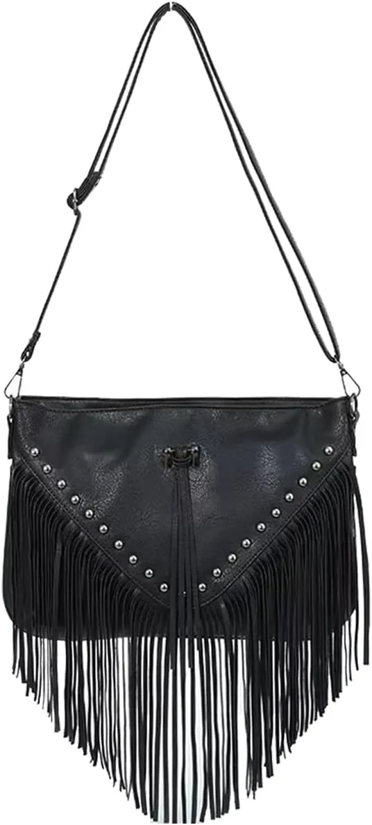 IAMUHI Casual Rivets Fringed Shoulder Handbag for Women,Soft Vegan Leather Hippie Crossbody Purse Bag Hobo Bag