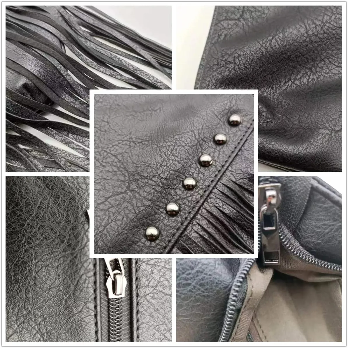 IAMUHI Casual Rivets Fringed Shoulder Handbag for Women,Soft Vegan Leather Hippie Crossbody Purse Bag Hobo Bag