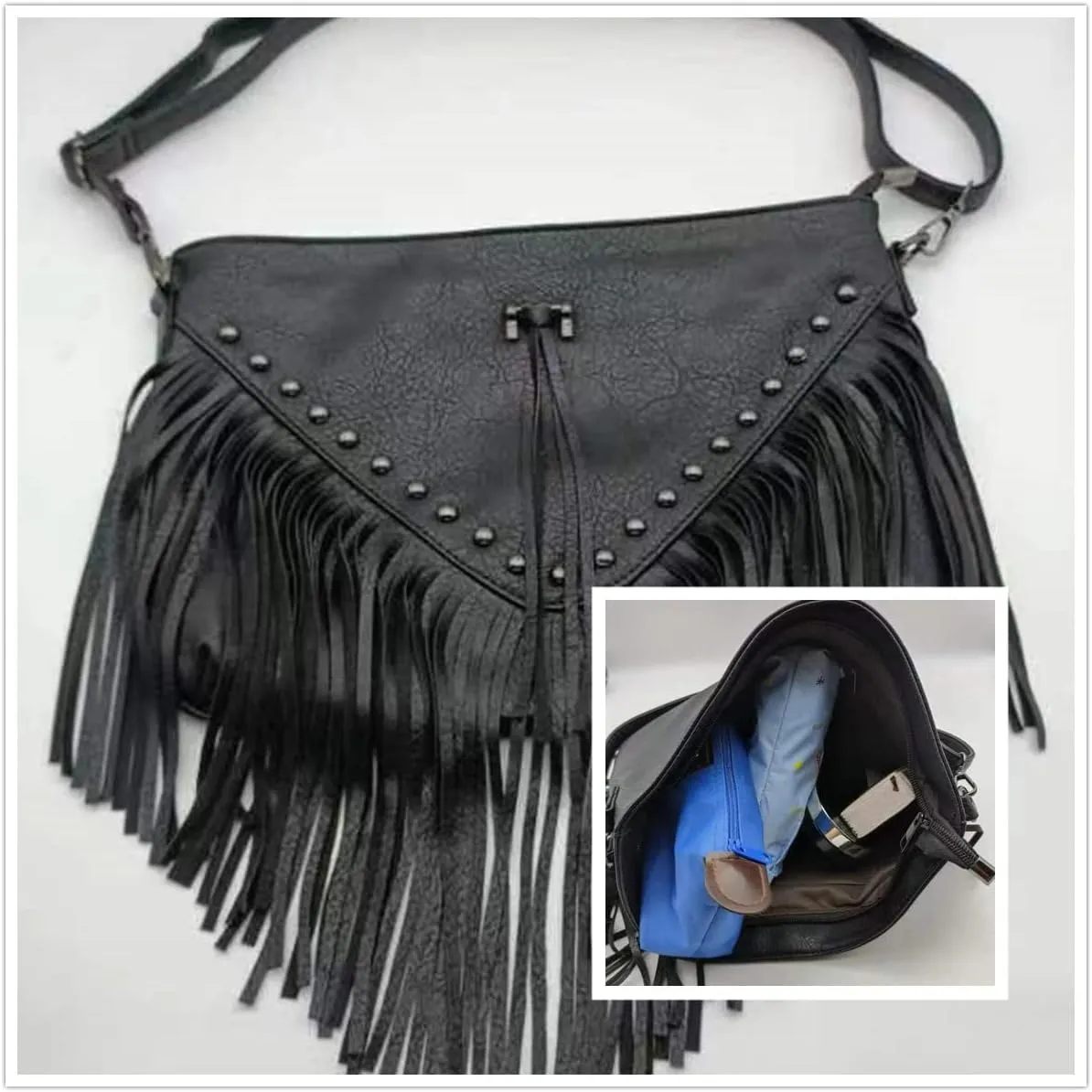 IAMUHI Casual Rivets Fringed Shoulder Handbag for Women,Soft Vegan Leather Hippie Crossbody Purse Bag Hobo Bag