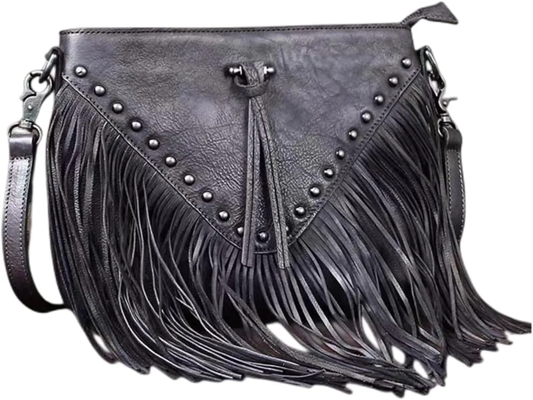 IAMUHI Casual Rivets Fringed Shoulder Handbag for Women,Soft Vegan Leather Hippie Crossbody Purse Bag Hobo Bag