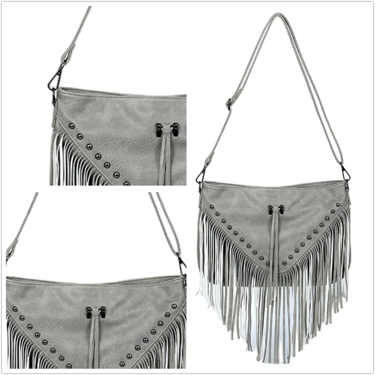 IAMUHI Casual Rivets Fringed Shoulder Handbag for Women,Soft Vegan Leather Hippie Crossbody Purse Bag Hobo Bag
