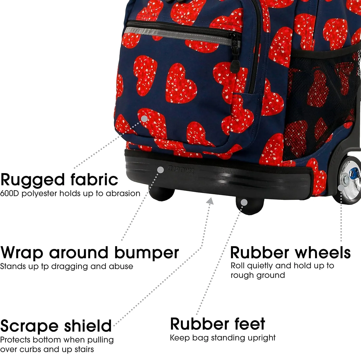 J World New York Sunrise Kids Rolling Backpack for Girls Boys Teen. Roller Bookbag with Wheels, Love Spangle, 18"