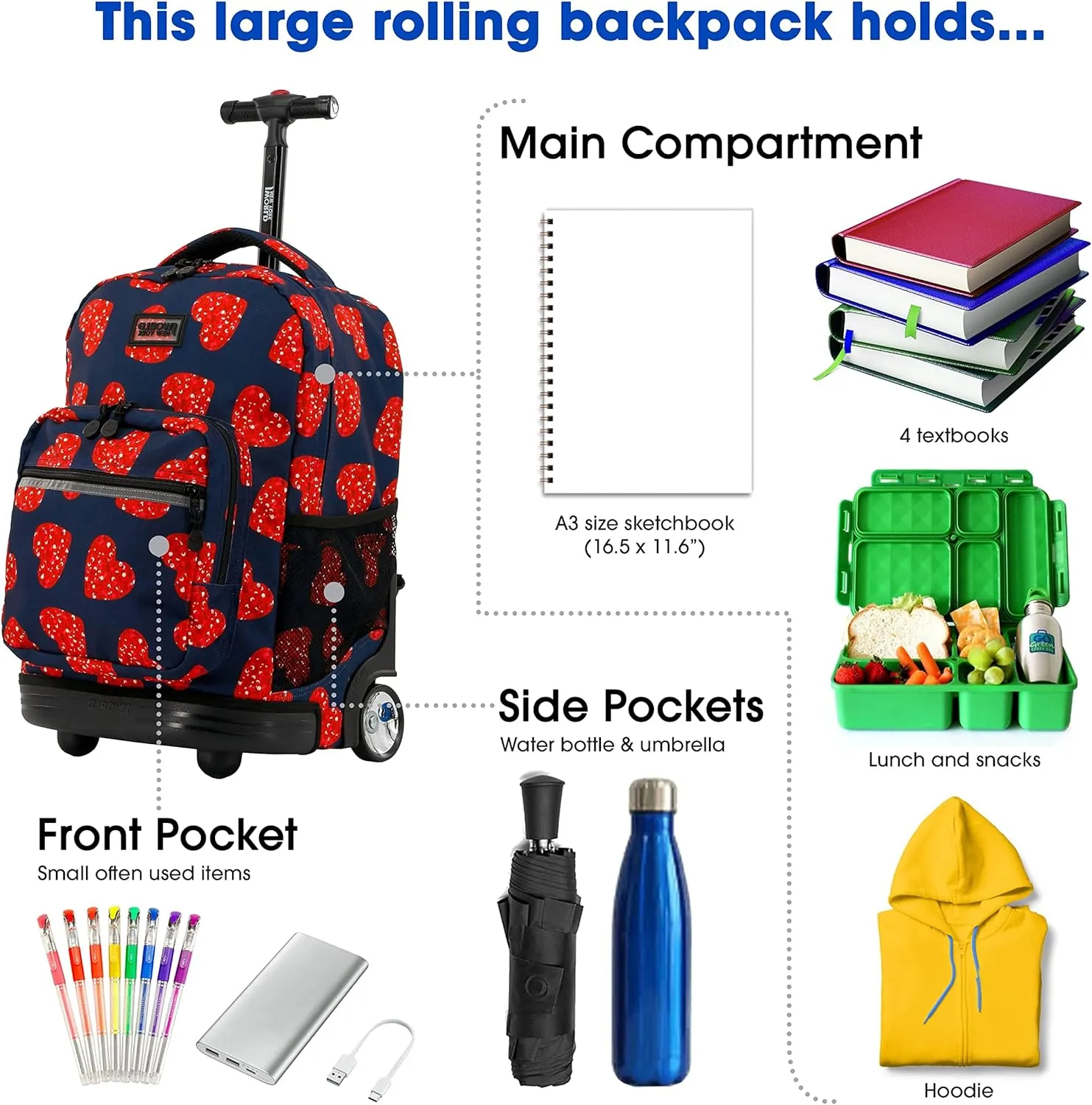 J World New York Sunrise Kids Rolling Backpack for Girls Boys Teen. Roller Bookbag with Wheels, Love Spangle, 18"