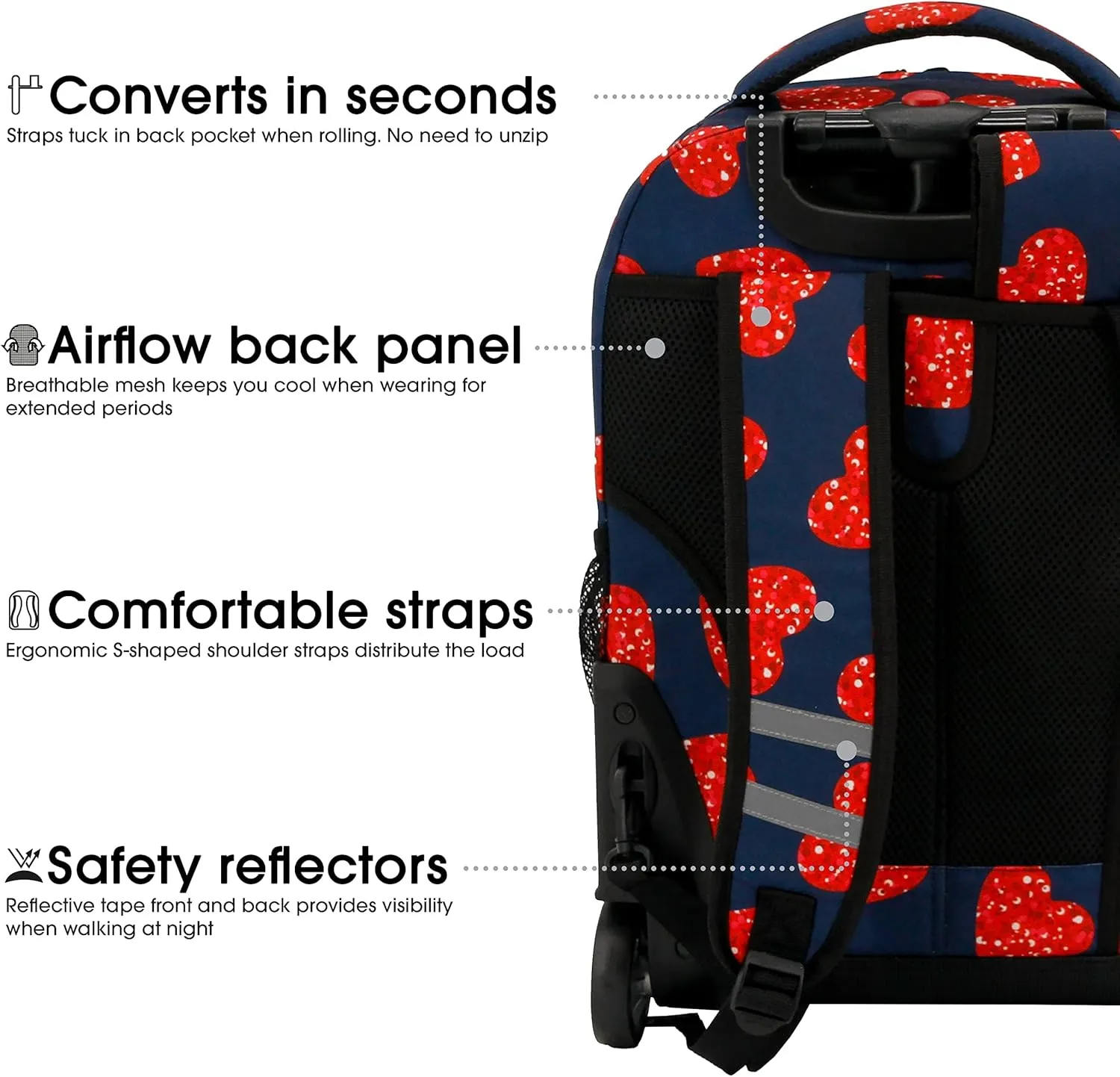 J World New York Sunrise Kids Rolling Backpack for Girls Boys Teen. Roller Bookbag with Wheels, Love Spangle, 18"