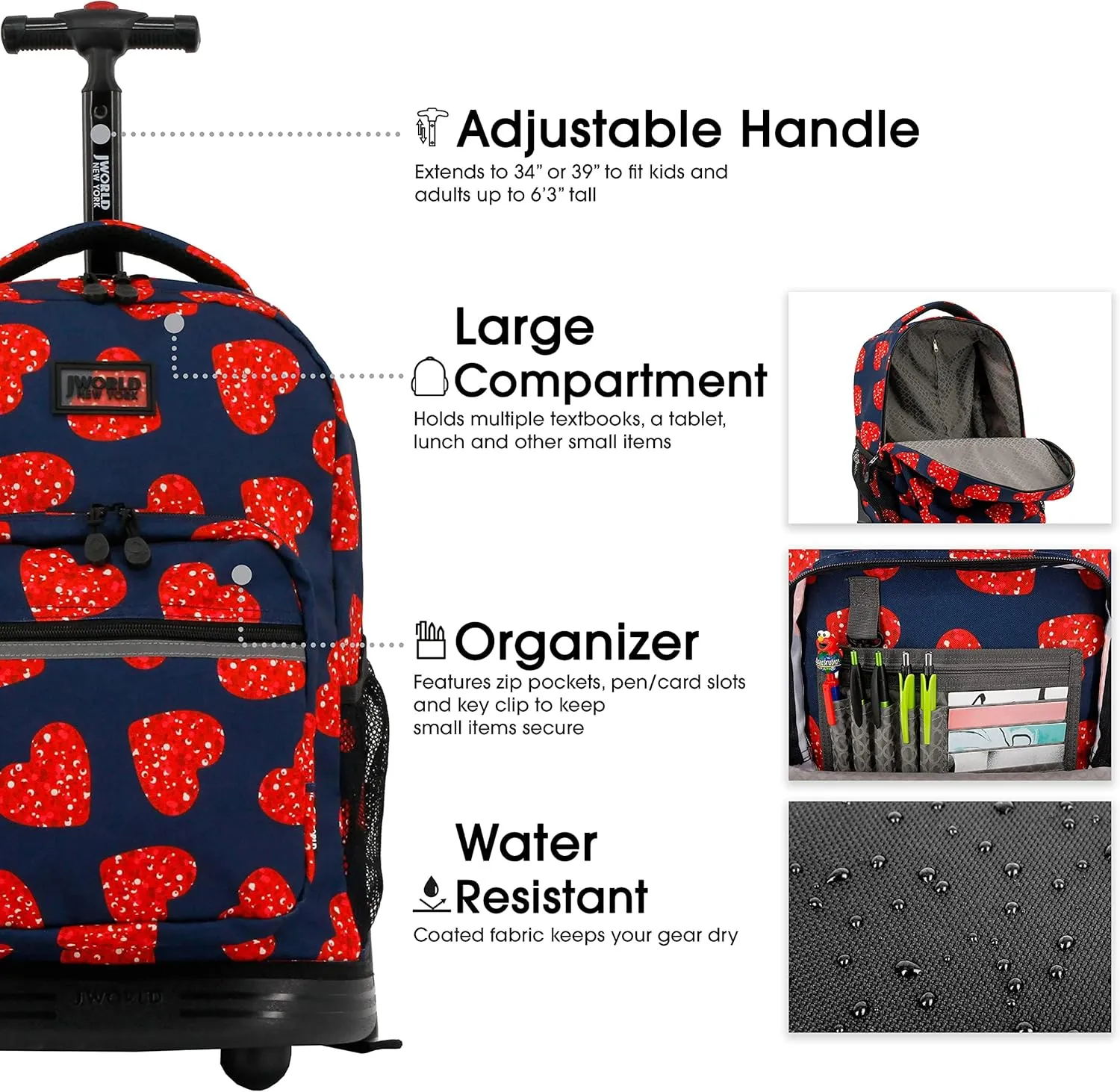 J World New York Sunrise Kids Rolling Backpack for Girls Boys Teen. Roller Bookbag with Wheels, Love Spangle, 18"