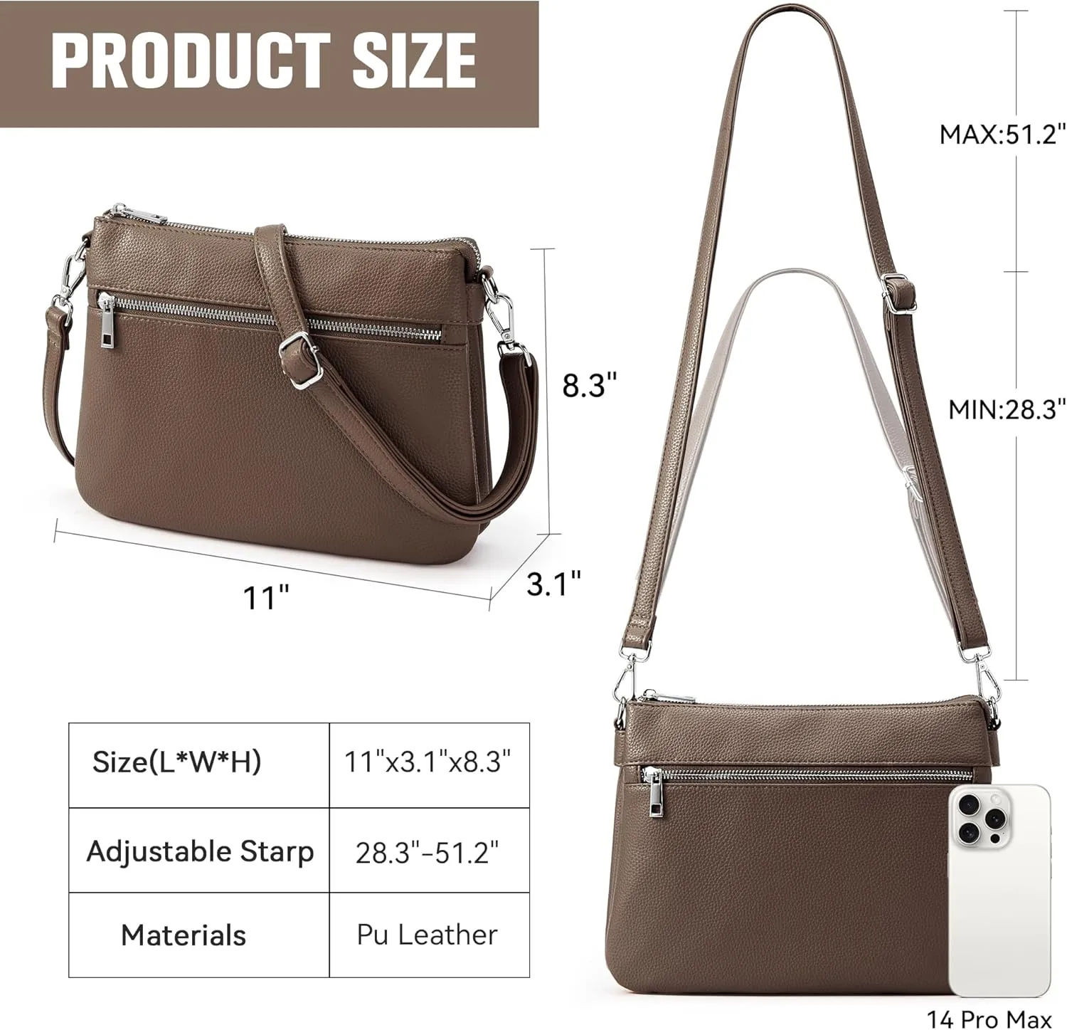 KALIDI Crossbody Bag Vegan Leather Casual Zipper Work Bag Weekender Hobo for Women shoulder Travel Dating