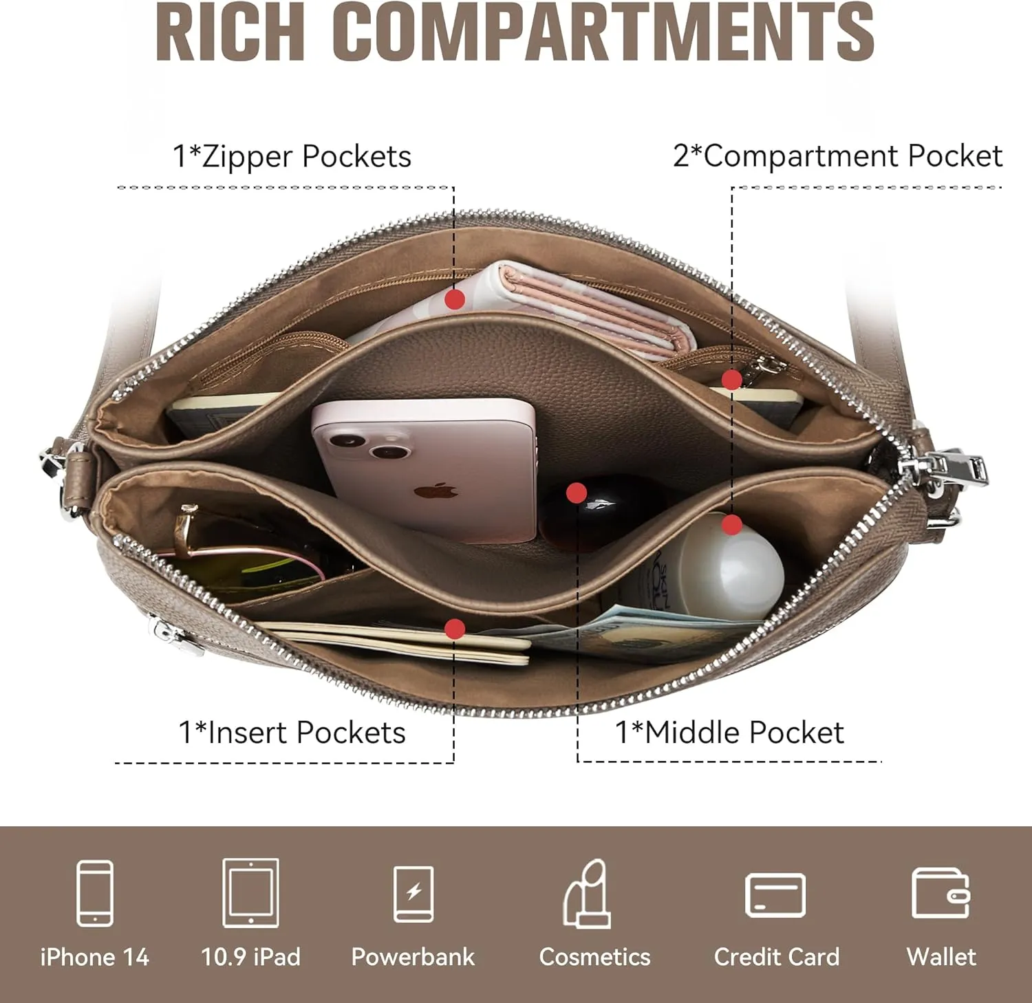 KALIDI Crossbody Bag Vegan Leather Casual Zipper Work Bag Weekender Hobo for Women shoulder Travel Dating