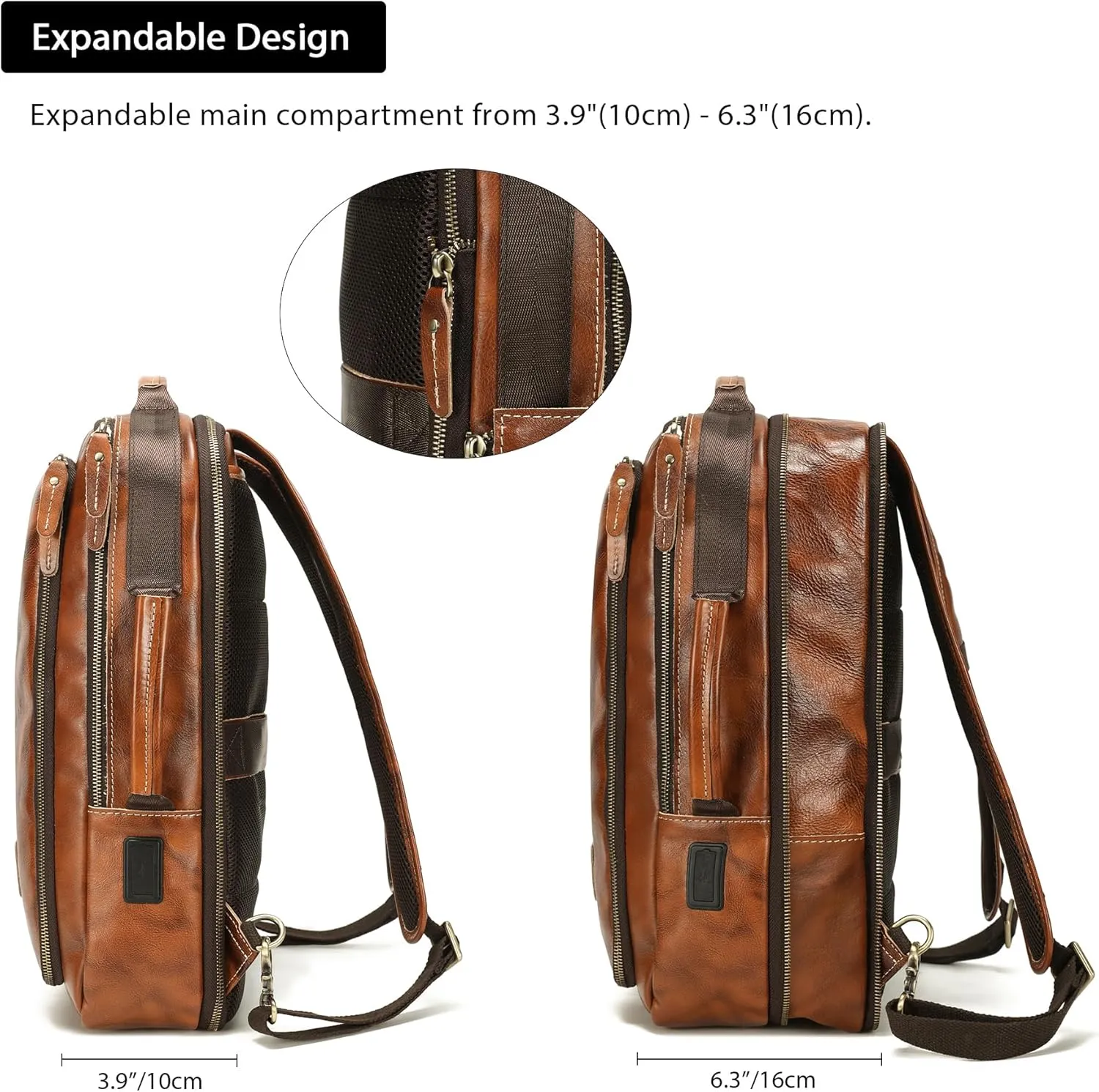LANNSYNE Vegetable Tanned Leather Backpack for men, Expandable Leather Backpack Fits 15.6 Laptop, Tote Shoulder Travel Bag Rucksack