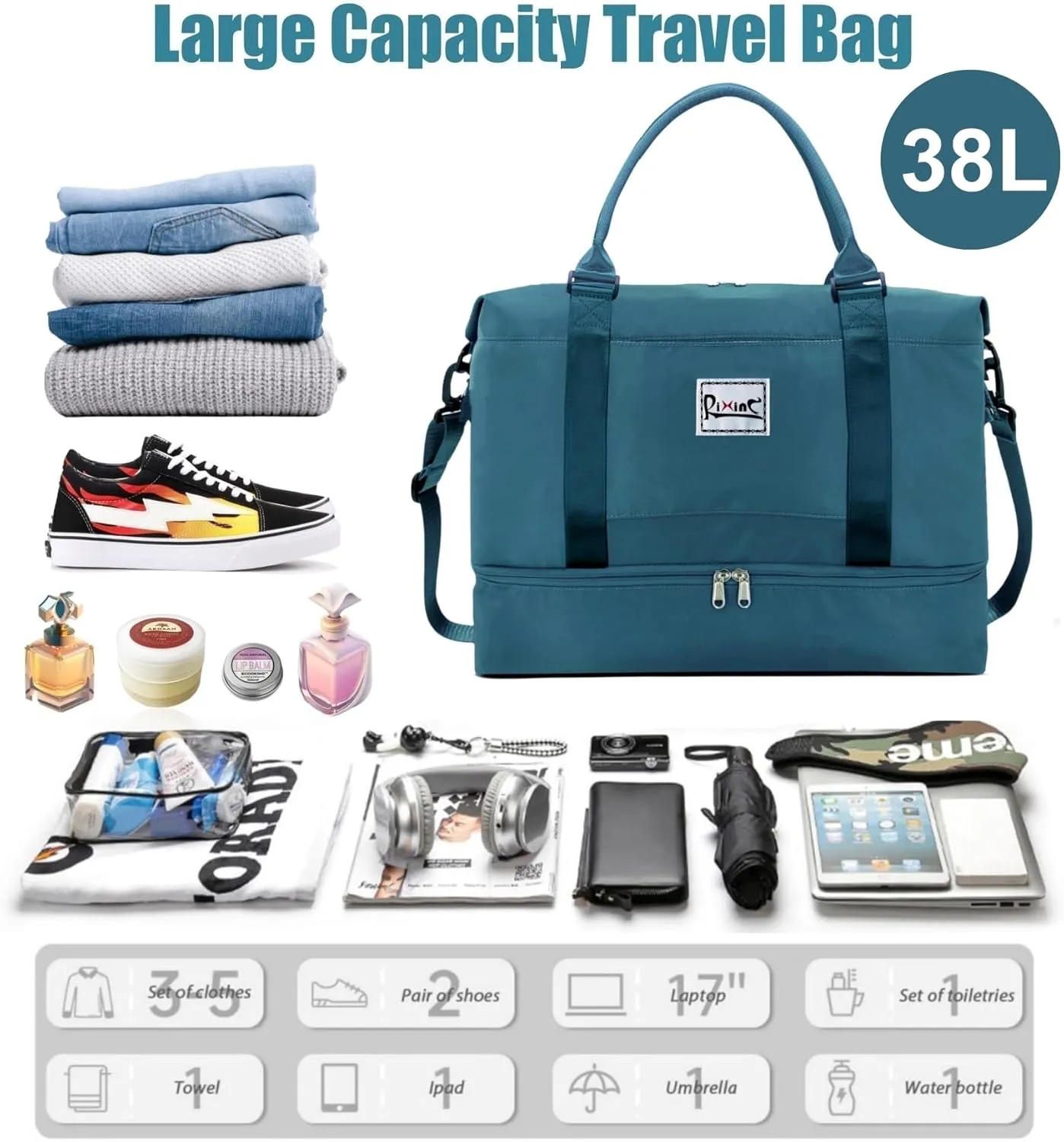 Large Travel Duffle Bag Weekender Bags for Women with Shoes Compartment, Travel Duffel Tote Carry on Overnight Bag for Travel Business Trips, Sport Yoga Gym Bag with Wet Pocket (Peacock Blue)