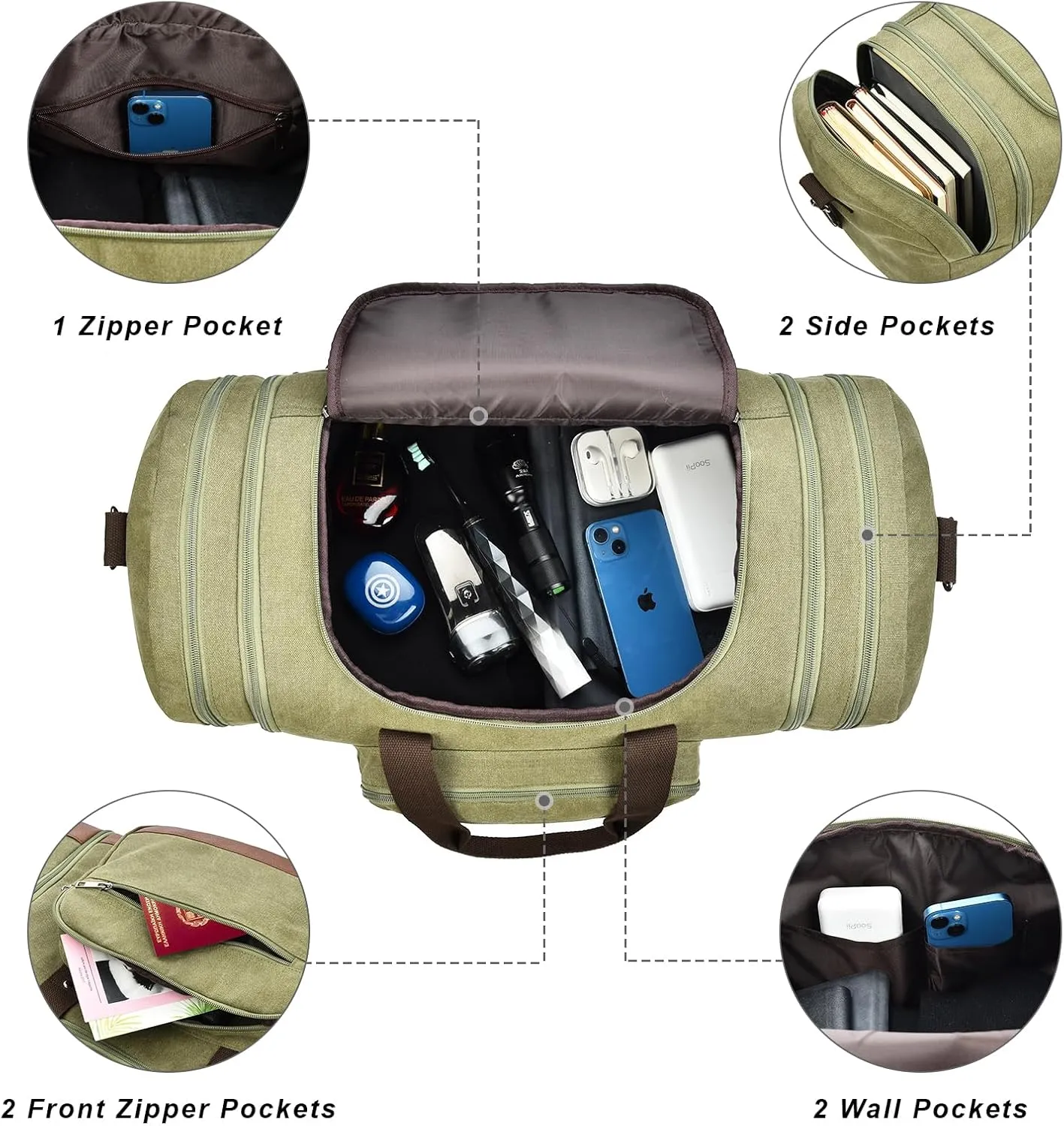 Litvyak Duffle Bag for Travel, 50L Canvas Travel Duffel Bags Overnight Weekend Gym Carry On Luggage Bag for Men & Women(Army Green)