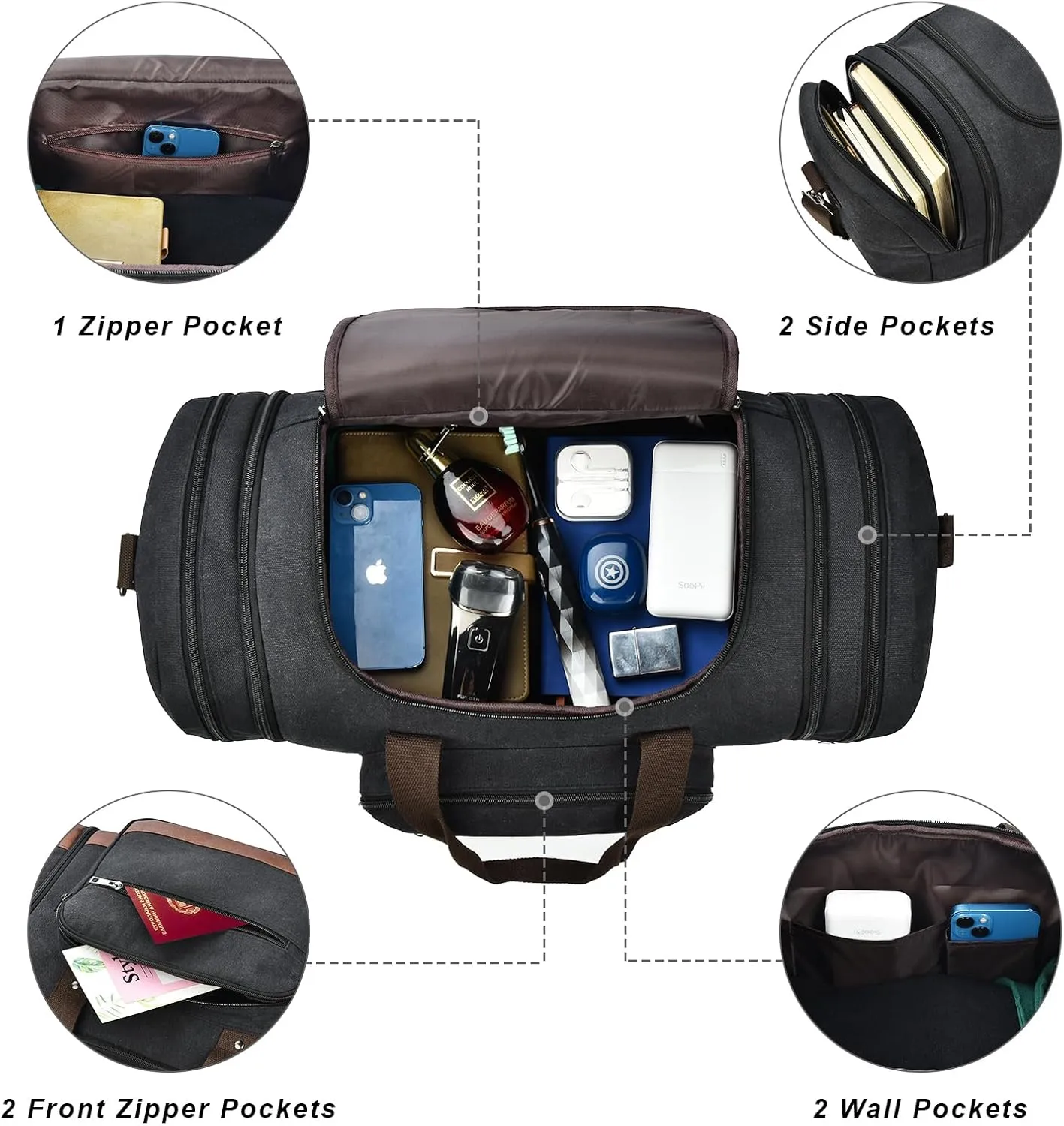 Litvyak Duffle Bag for Travel, 50L Canvas Travel Duffel Bags Overnight Weekend Gym Carry On Luggage Bag for Men & Women(Black Toiletry Bag)