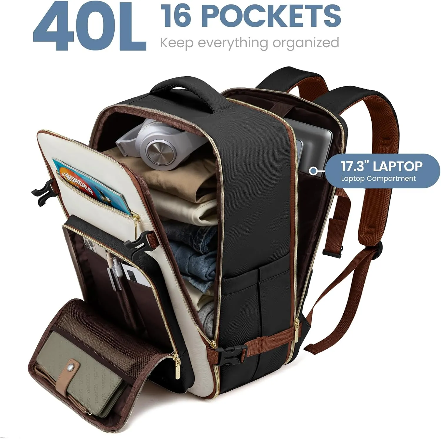 LOVEVOOK Travel Backpack For Women,40L Carry On Backpack Flight Approved,TSA Personal Item Travel Bag Fits 17 Inch Laptop,Business Weekender Overnight Daypack with Toiletry Bag and Cubes