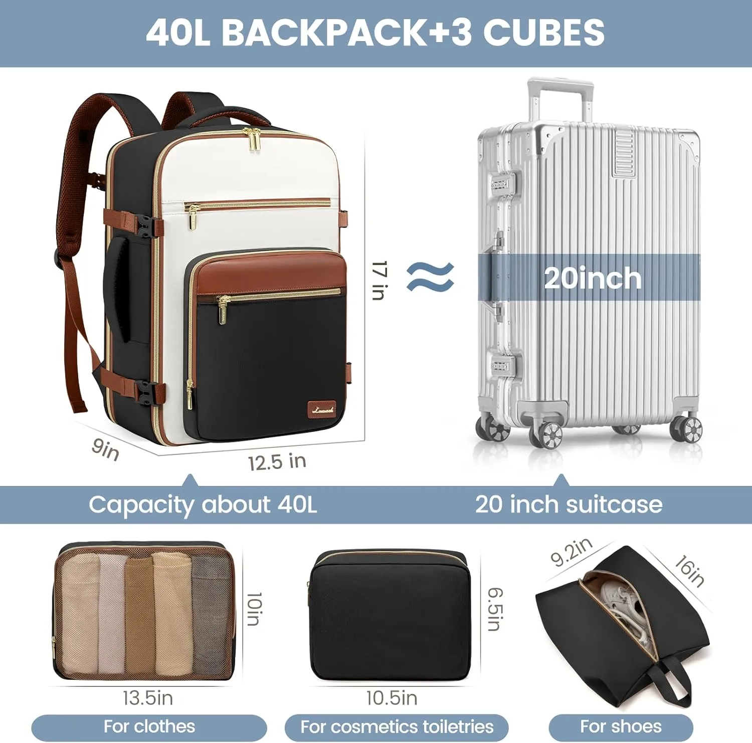LOVEVOOK Travel Backpack For Women,40L Carry On Backpack Flight Approved,TSA Personal Item Travel Bag Fits 17 Inch Laptop,Business Weekender Overnight Daypack with Toiletry Bag and Cubes