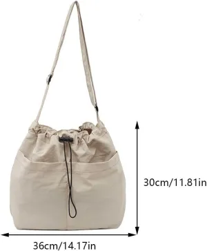 Nylon Drawstring Bucket Bag for Women Lightweight Casual Satchel Tote Handbag Multi-pockets for Outdoor Travel