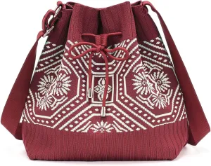 PACKISM Knit Bucket Bag for Women - Flyknit Fabric Crossbody Bag Geometric Pattern Knitted Drawstring Bucket Fit Gift