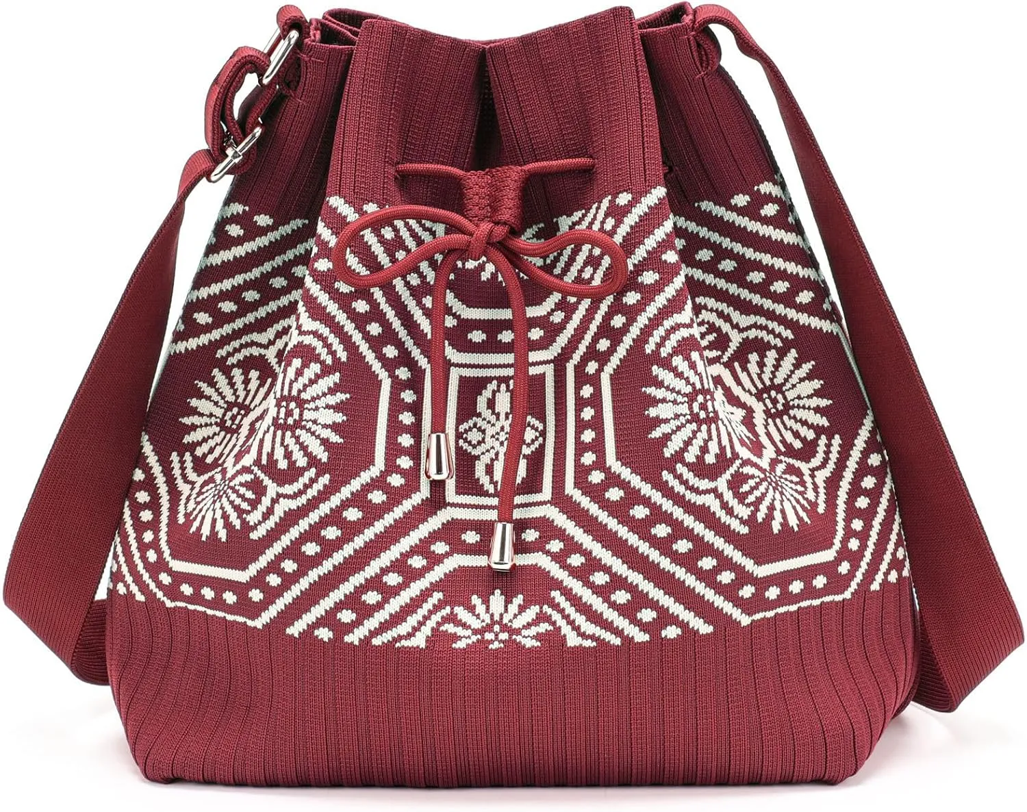 PACKISM Knit Bucket Bag for Women - Flyknit Fabric Crossbody Bag Geometric Pattern Knitted Drawstring Bucket Fit Gift
