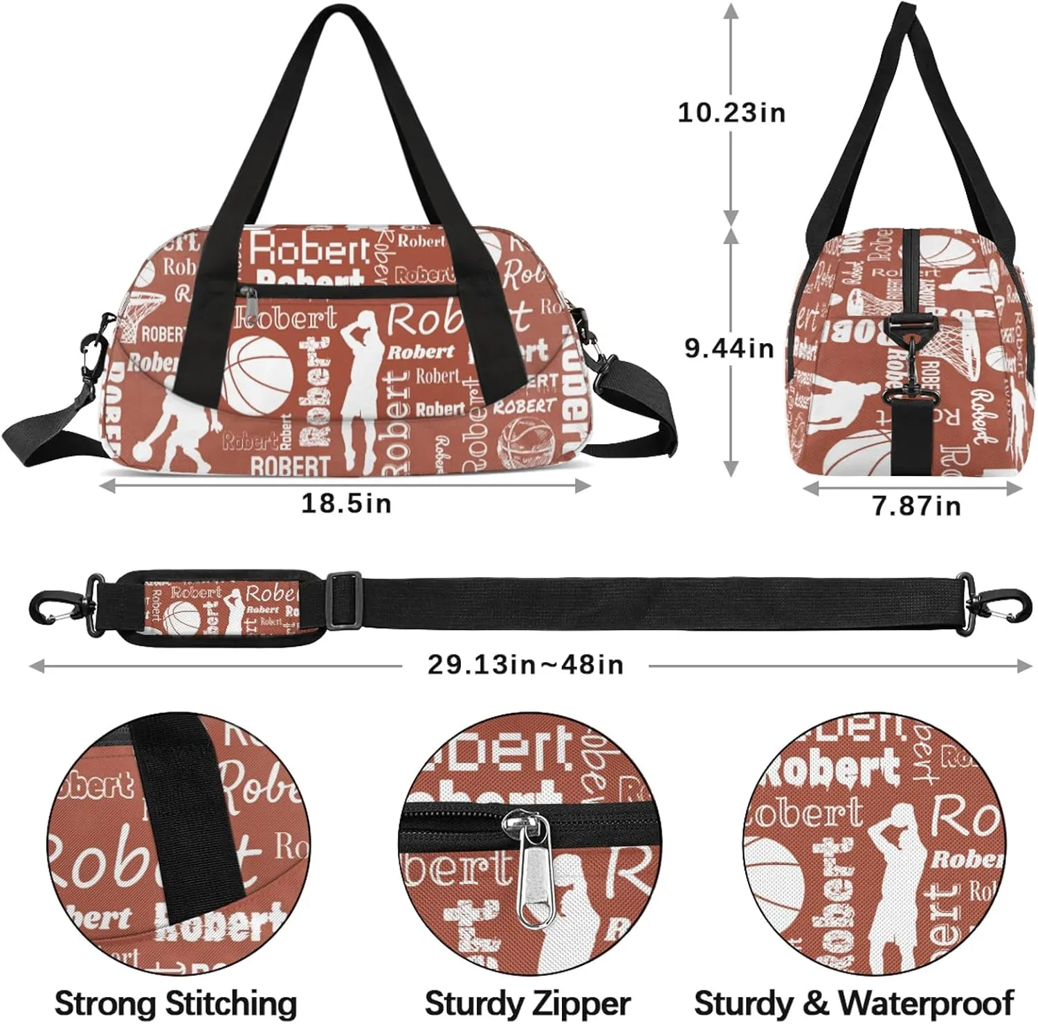 Personalized Basketball Sport Duffel Bag Custom Sports Bag Travel Overnight Shoulder Bags Customized Gifts for Women Men, Brown