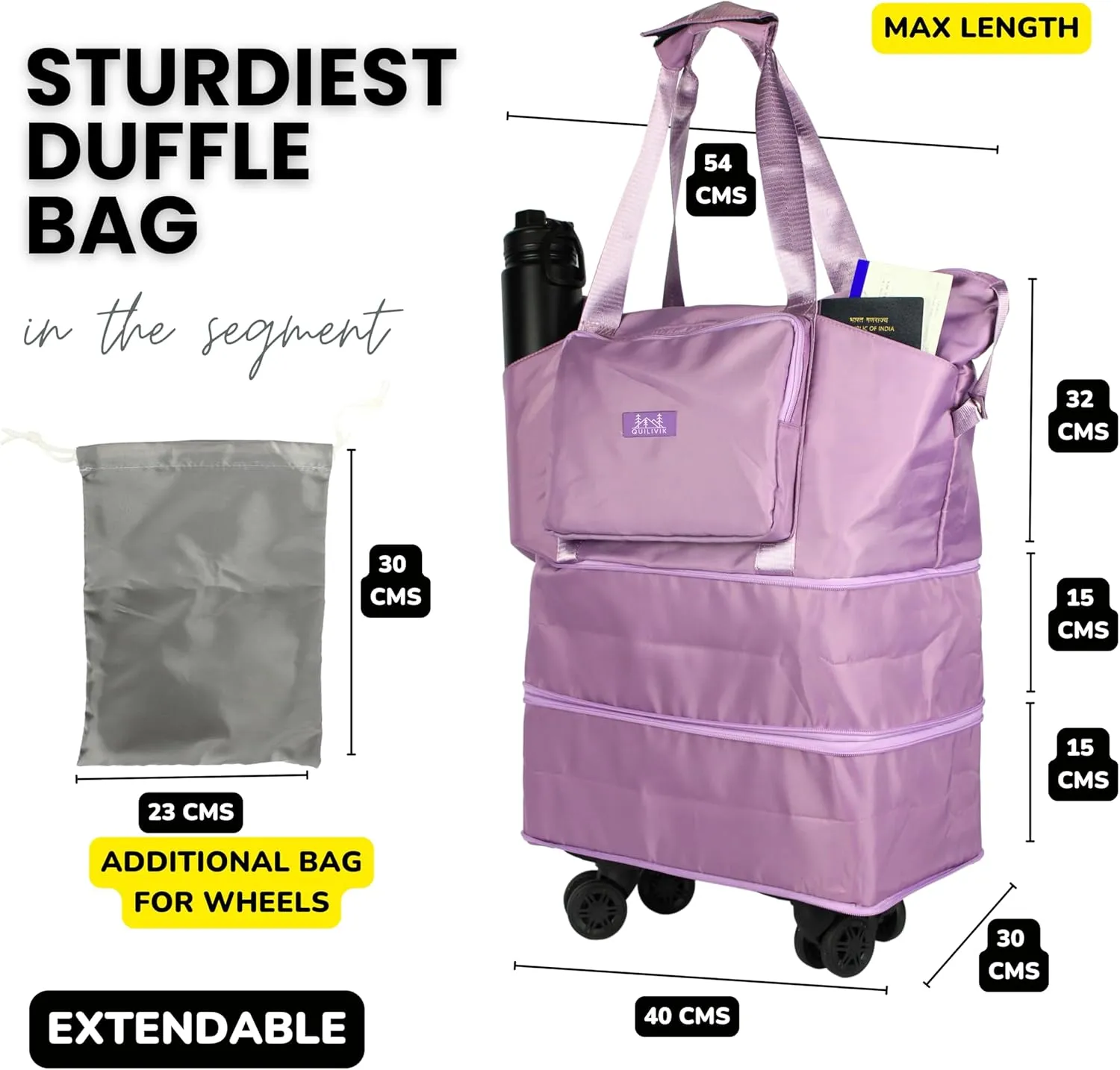 Premium Rolling Duffle Bag with Wheels, Expandable Foldable Duffle Bag with pockets for Water bottle with Wheels carrying pouch & Handle for Travel,Rolling Luggage bag with Front Pouch. (Purple, 55L)