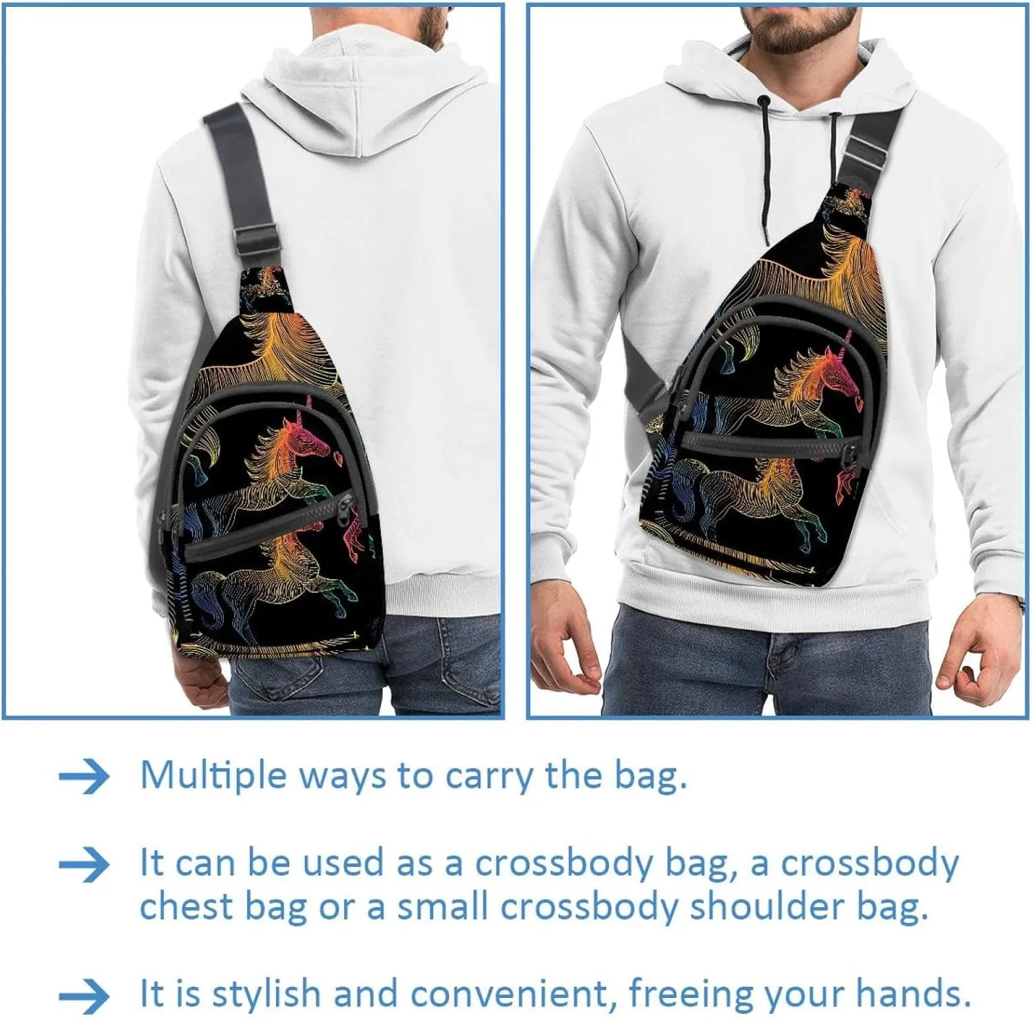 Rainbow Unicorn Chest Bag Daypack Crossbody for Travel Sport Running Hiking