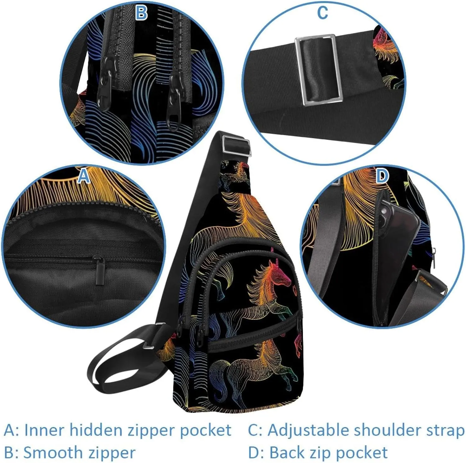 Rainbow Unicorn Chest Bag Daypack Crossbody for Travel Sport Running Hiking