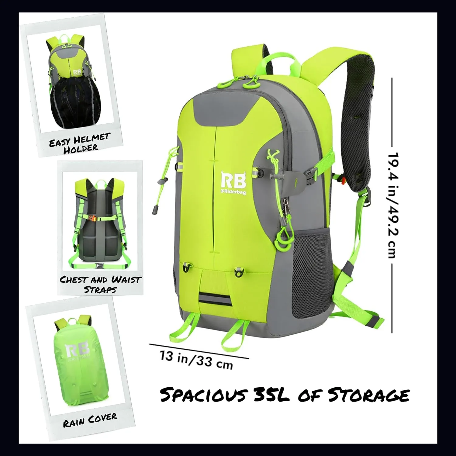 Reflective Motorcycle Backpack  Lightweight Hi Viz Riding Gear with Helmet Holder, Laptop pocket, Ventilated Back, Cycling, Hiking, Sport & Commuter Daypack (green backpack)