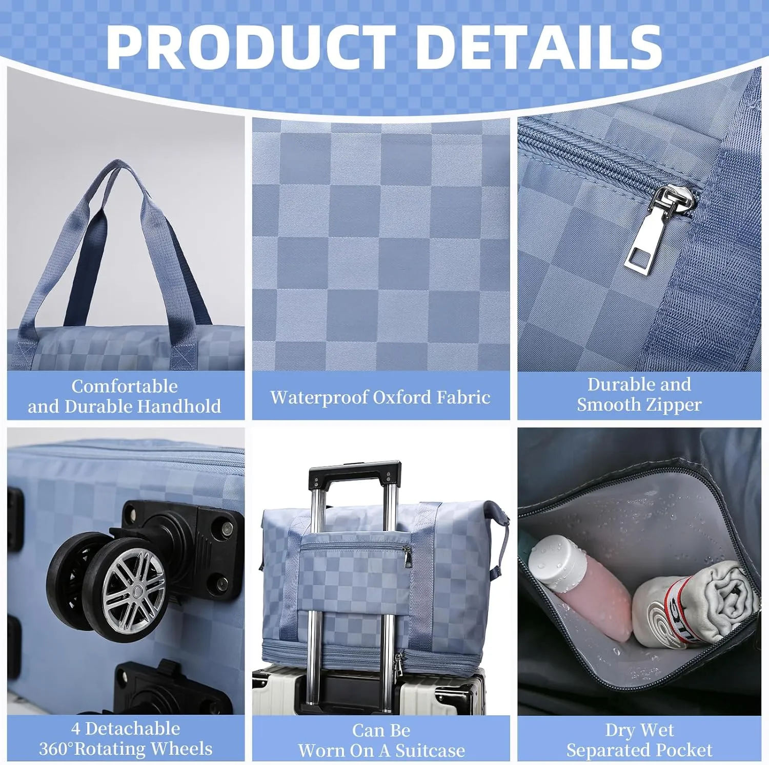 Rolling Duffle Bag with Wheels and Shoe Bag Expandable Foldable Travel Duffel Bag Carry on Luggage Bag Checkerboard Weekender Bag for Women Men