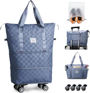 Rolling Duffle Bag with Wheels and Shoe Bag Expandable Foldable Travel Duffel Bag Carry on Luggage Bag Checkerboard Weekender Bag for Women Men