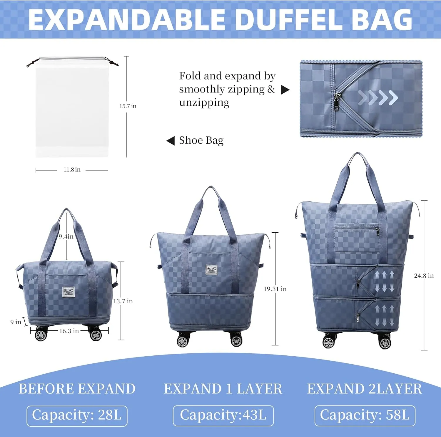 Rolling Duffle Bag with Wheels and Shoe Bag Expandable Foldable Travel Duffel Bag Carry on Luggage Bag Checkerboard Weekender Bag for Women Men