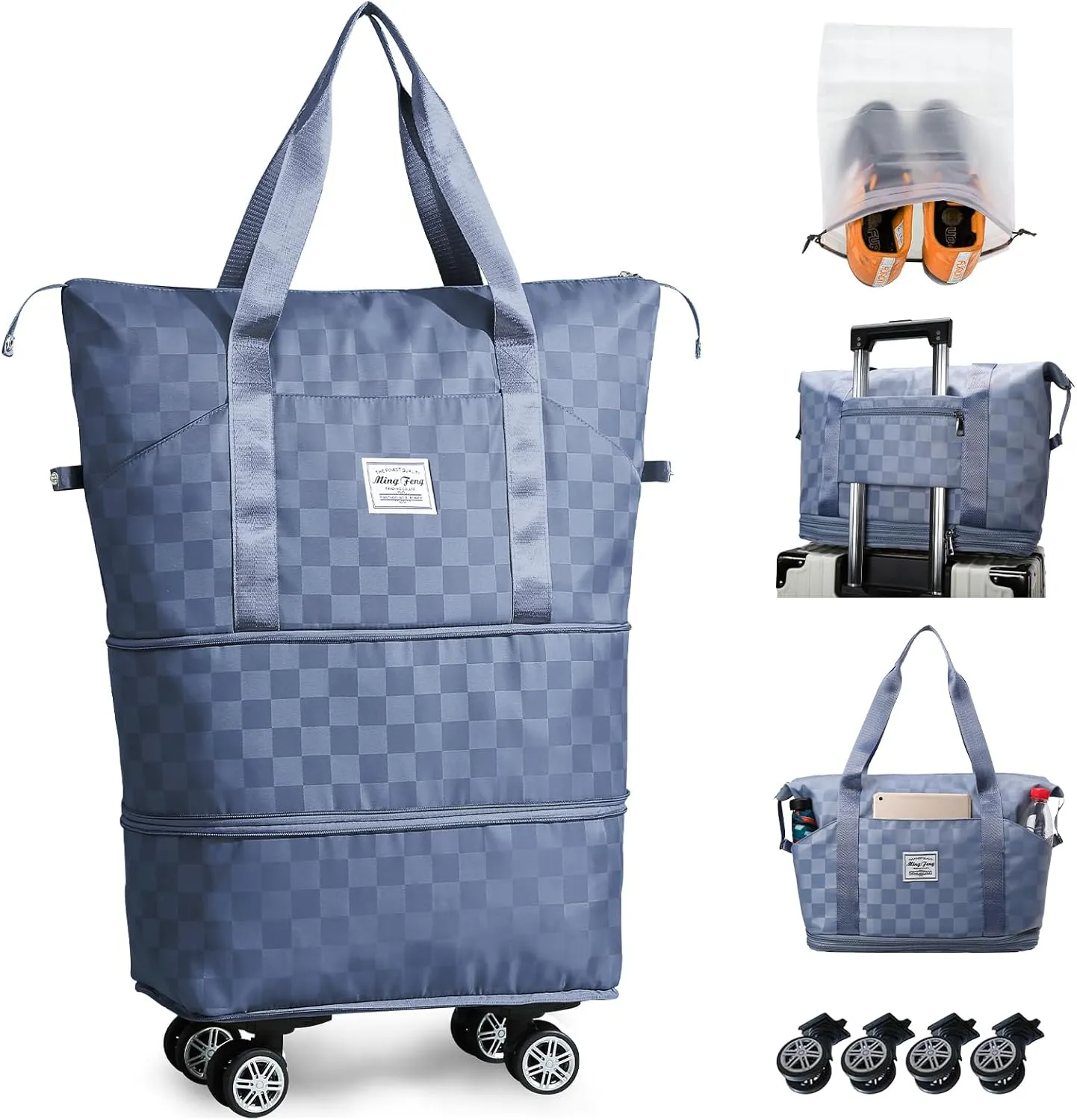 Rolling Duffle Bag with Wheels and Shoe Bag Expandable Foldable Travel Duffel Bag Carry on Luggage Bag Checkerboard Weekender Bag for Women Men