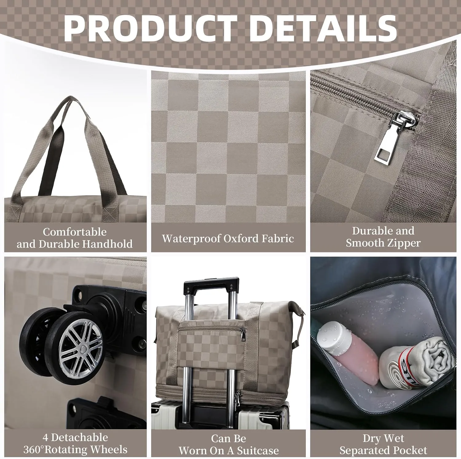 Rolling Duffle Bag with Wheels and Shoe Bag Expandable Foldable Travel Duffel Bag Checkerboard Carry on Luggage Bag Weekender Bag for Men Women